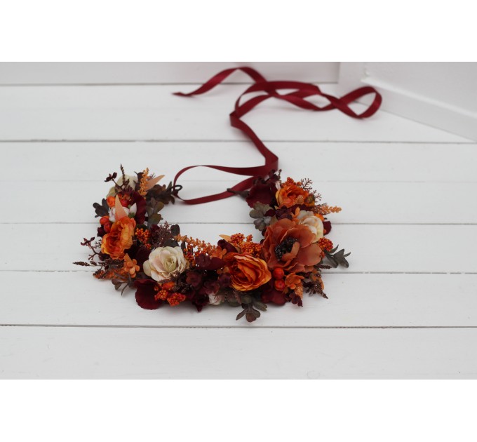 Burgundy rust ivory flower crown. Hair wreath. Flower girl crown. Wedding flowers. 0025