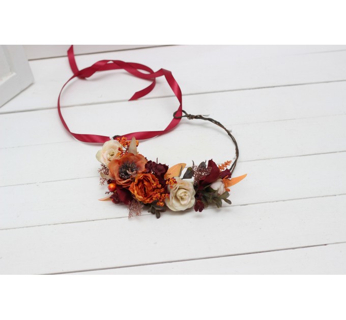 Burgundy rust ivory flower crown. Hair wreath. Flower girl crown. Wedding flowers. 0025