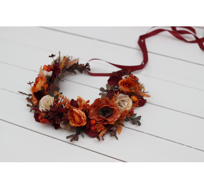Burgundy rust ivory flower crown. Hair wreath. Flower girl crown. Wedding flowers. 0025