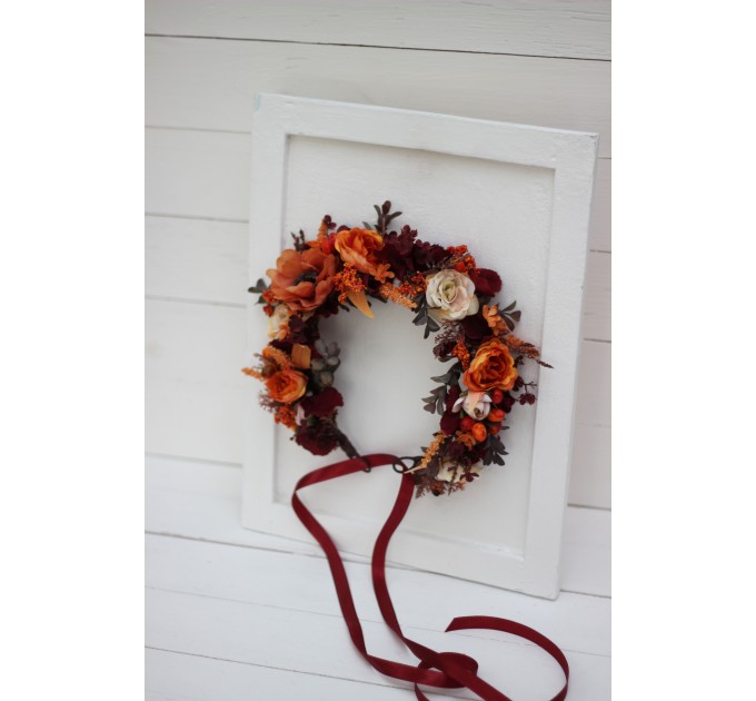Burgundy rust ivory flower crown. Hair wreath. Flower girl crown. Wedding flowers. 0025