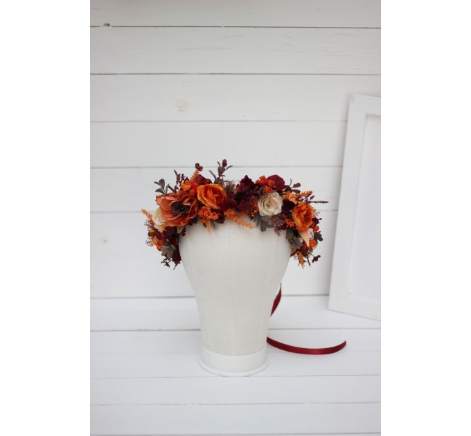 Burgundy rust ivory flower crown. Hair wreath. Flower girl crown. Wedding flowers. 0025