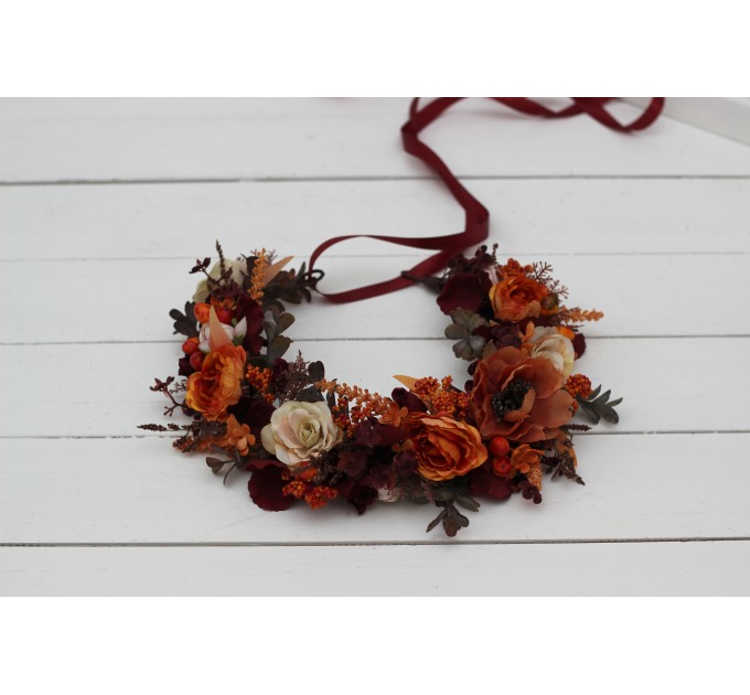 Burgundy rust ivory flower crown. Hair wreath. Flower girl crown. Wedding flowers. 0025