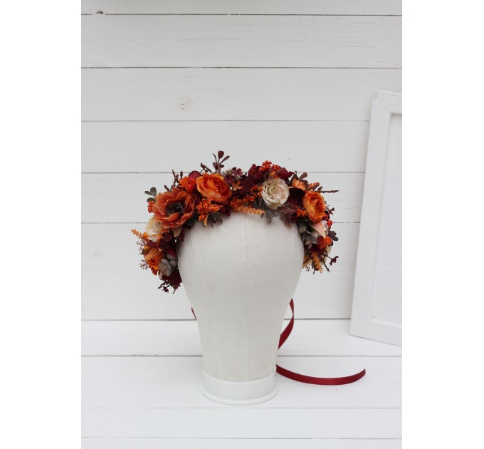 Burgundy rust ivory flower crown. Hair wreath. Flower girl crown. Wedding flowers. 0025