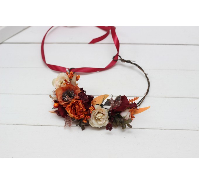 Burgundy rust ivory flower crown. Hair wreath. Flower girl crown. Wedding flowers. 0025