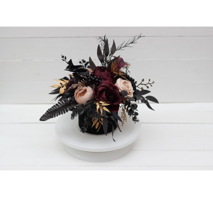 Deep purple black gold beige centerpiece. Table decor. Flowers in box. Wedding flowers. Halloween wedding. 5194