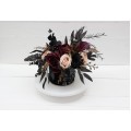 Deep purple black gold beige centerpiece. Table decor. Flowers in box. Wedding flowers. Halloween wedding. 5194