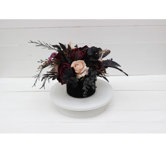 Deep purple black gold beige centerpiece. Table decor. Flowers in box. Wedding flowers. Halloween wedding. 5194