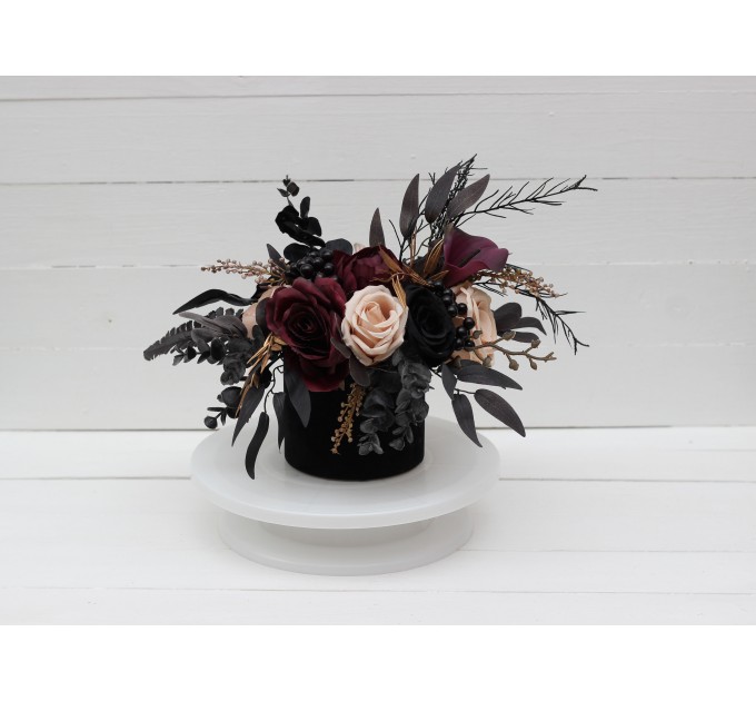Deep purple black gold beige centerpiece. Table decor. Flowers in box. Wedding flowers. Halloween wedding. 5194