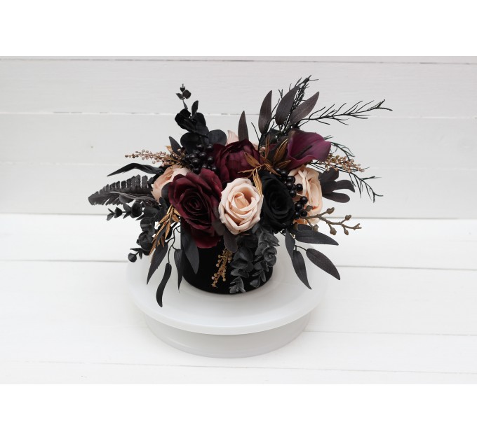 Deep purple black gold beige centerpiece. Table decor. Flowers in box. Wedding flowers. Halloween wedding. 5194