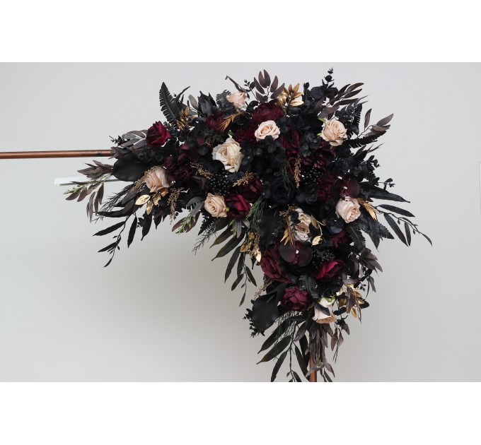 Flower arch arrangement in deep purple black gold beige colors.  Arbor flowers. Floral archway. Faux flowers for wedding arch. Halloween wedding. BLACK