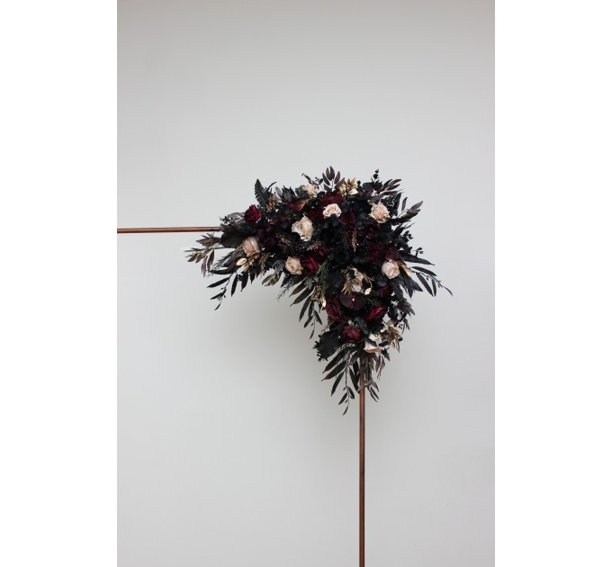 Flower arch arrangement in deep purple black gold beige colors.  Arbor flowers. Floral archway. Faux flowers for wedding arch. Halloween wedding. BLACK