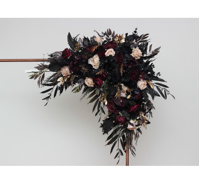  Flower arch arrangement in deep purple black gold beige colors.  Arbor flowers. Floral archway. Faux flowers for wedding arch. Halloween wedding. BLACK