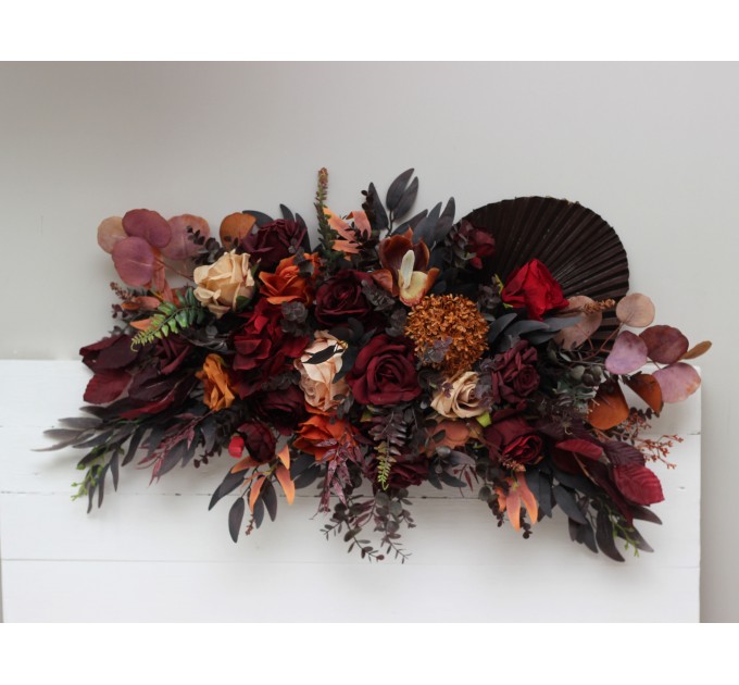  Flower arch arrangement in rust burgundy cinnamon colors.  Arbor flowers. Floral archway. Faux flowers for wedding arch. 0022