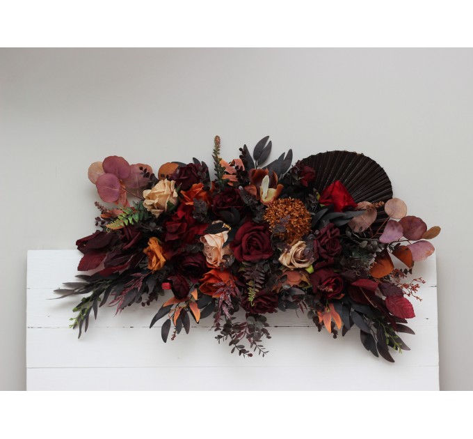  Flower arch arrangement in rust burgundy cinnamon colors.  Arbor flowers. Floral archway. Faux flowers for wedding arch. 0022