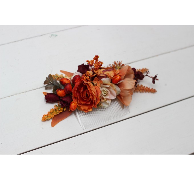 Flower comb in burgundy rust ivory  color scheme. Wedding accessories for hair. Bridal flower comb. Bridesmaid floral comb. 0025