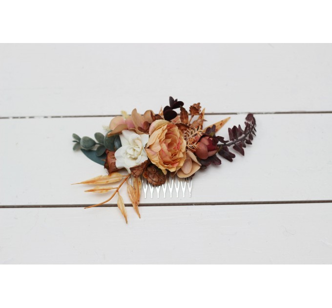 Flower comb in rust brown ivory color scheme. Wedding accessories for hair. Bridal flower comb. Bridesmaid floral comb. 0019