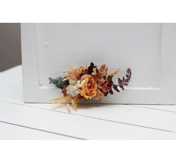 Flower comb in rust brown ivory color scheme. Wedding accessories for hair. Bridal flower comb. Bridesmaid floral comb. 0019