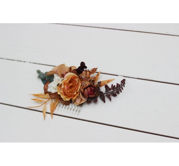 Flower comb in rust brown ivory color scheme. Wedding accessories for hair. Bridal flower comb. Bridesmaid floral comb. 0019