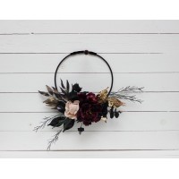 Flower hoop in deep purple black gold beige colors. Alternative bridesmaid bouquet. Halloween wedding. BLACK
