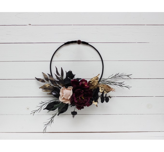Flower hoop in deep purple black gold beige colors. Alternative bridesmaid bouquet. Halloween wedding. BLACK