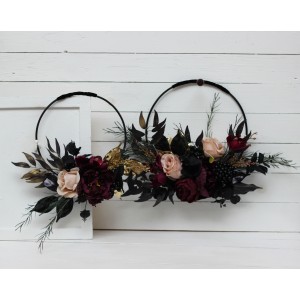 Flower hoop in deep purple black gold beige colors. Alternative bridesmaid bouquet. Halloween wedding. 5194