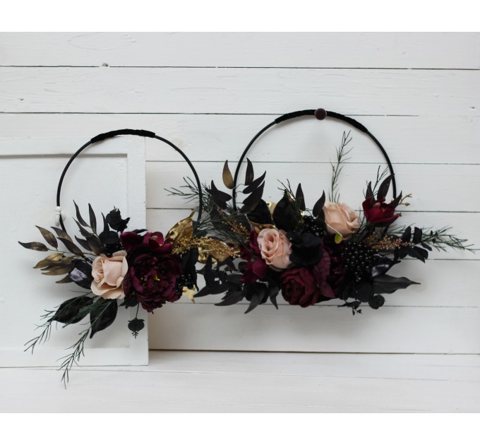 Flower hoop in deep purple black gold beige colors. Alternative bridesmaid bouquet. Halloween wedding. BLACK