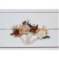  Set of 4 hair pins in  rust brown ivory color scheme. Hair accessories. Flower accessories for wedding. 0019