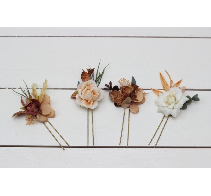  Set of 4 hair pins in  rust brown ivory color scheme. Hair accessories. Flower accessories for wedding. 0019