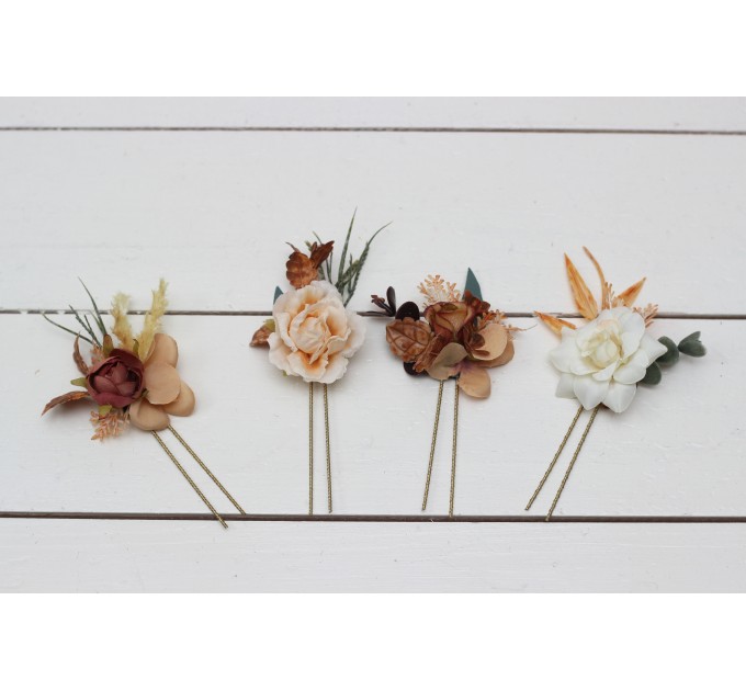 Set of 4 hair pins in rust brown ivory color scheme. Hair accessories. Flower accessories for wedding. 0019