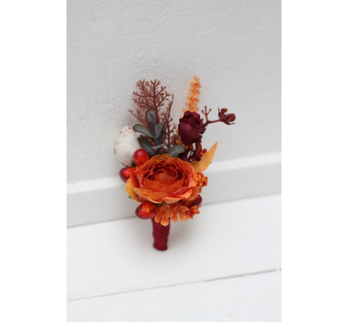  Wedding boutonniere and wrist corsage  in burgundy rust ivory color theme. Flower accessories. 0025