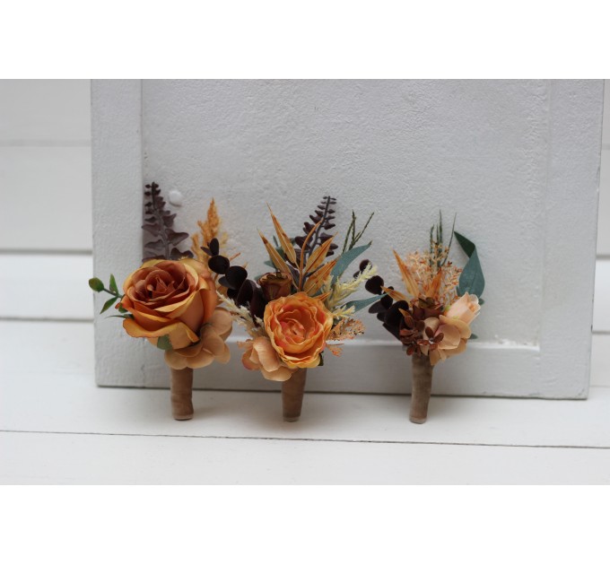  Wedding boutonnieres and wrist corsage  in rust brown ivory color theme. Flower accessories. 0019