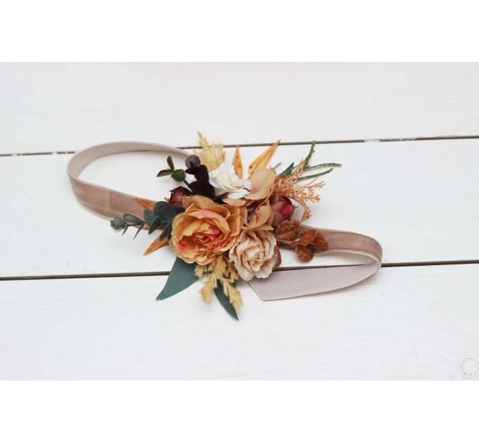  Wedding boutonnieres and wrist corsage  in rust brown ivory color theme. Flower accessories. 0019