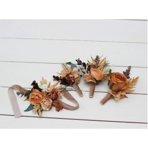  Wedding boutonnieres and wrist corsage  in rust brown ivory color theme. Flower accessories. 0019
