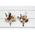Buttonhole Wedding boutonnieres and wrist corsage in rust brown ivory color theme. Flower accessories. 0019