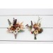 Buttonhole Wedding boutonnieres and wrist corsage in rust brown ivory color theme. Flower accessories. 0019