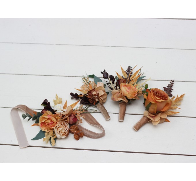  Wedding boutonnieres and wrist corsage  in rust brown ivory color theme. Flower accessories. 0019