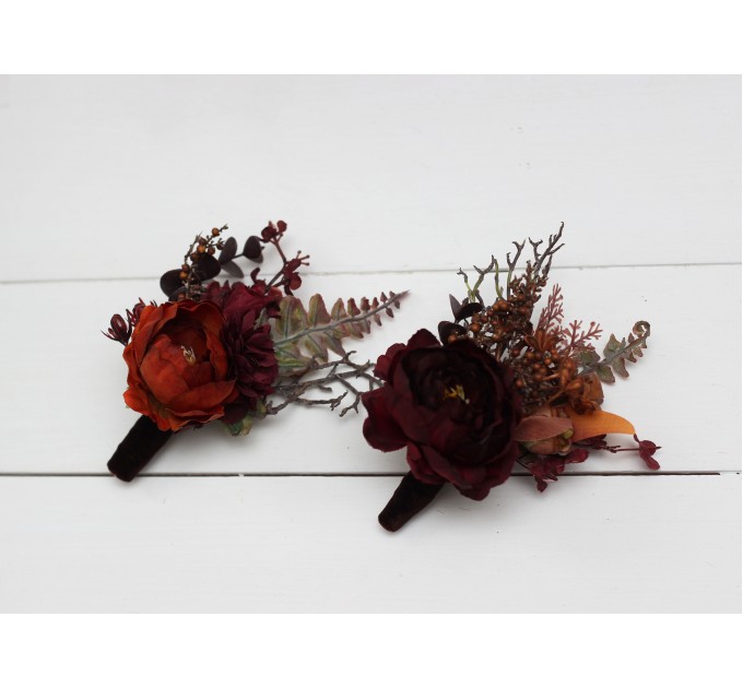 Wedding boutonnieres and wrist corsage  in rust burgundy cinnamon color theme. Flower accessories.0022 