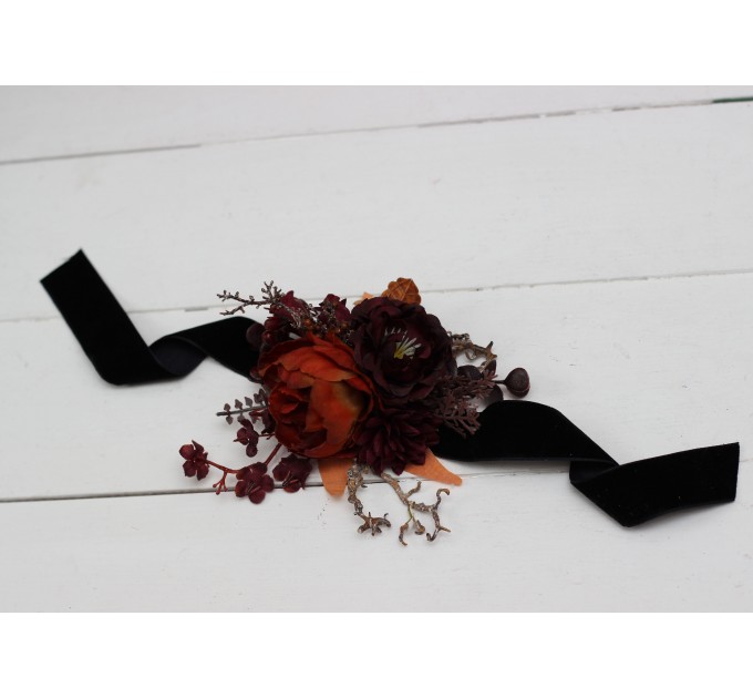  Wedding boutonnieres and wrist corsage  in rust burgundy cinnamon color theme. Flower accessories.0022 