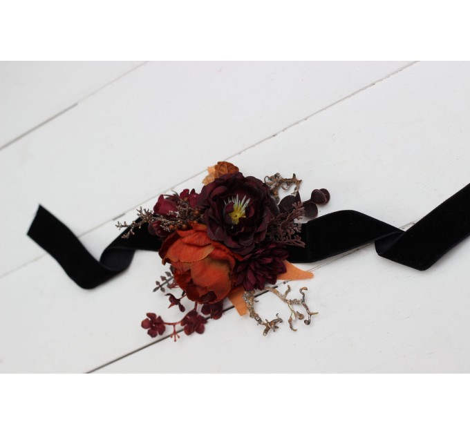  Wedding boutonnieres and wrist corsage  in rust burgundy cinnamon color theme. Flower accessories.0022 