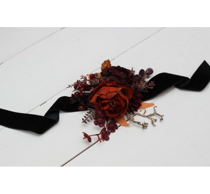  Wedding boutonnieres and wrist corsage  in rust burgundy cinnamon color theme. Flower accessories.0022 