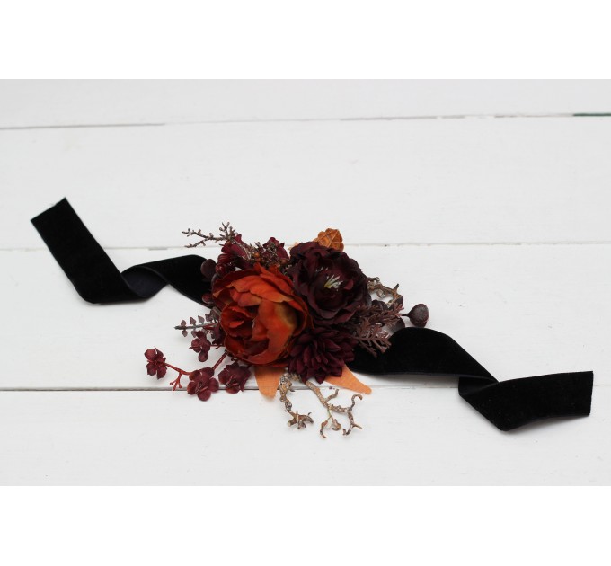  Wedding boutonnieres and wrist corsage  in rust burgundy cinnamon color theme. Flower accessories.0022 