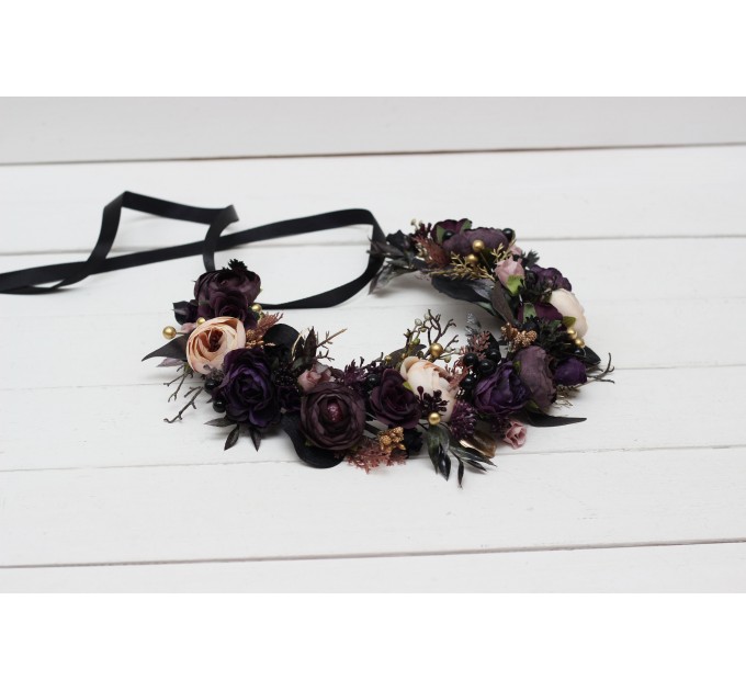 Deep purple black gold beige flower crown. Hair wreath. Flower girl crown. Wedding flowers. Halloween wedding. 5194