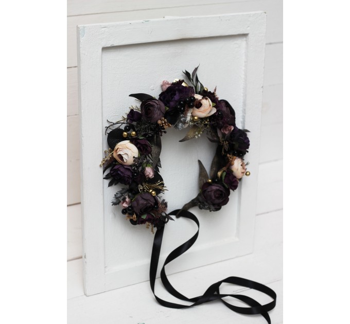 Deep purple black gold beige flower crown. Hair wreath. Flower girl crown. Wedding flowers. Halloween wedding. 5194