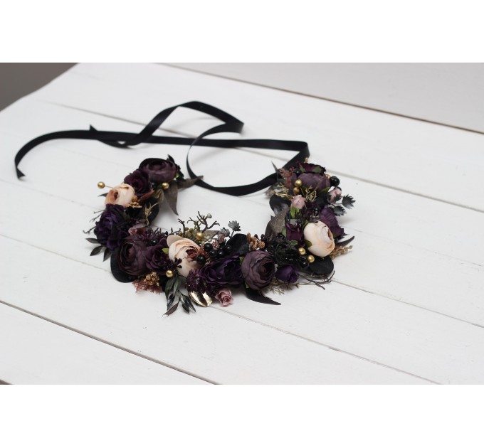 Deep purple black gold beige flower crown. Hair wreath. Flower girl crown. Wedding flowers. Halloween wedding. 5194