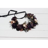 Deep purple black gold beige flower crown. Hair wreath. Flower girl crown. Wedding flowers. Halloween wedding. 5194