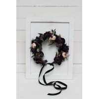 Deep purple black gold beige flower crown. Hair wreath. Flower girl crown. Wedding flowers. Halloween wedding. 5194