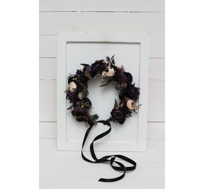Deep purple black gold beige flower crown. Hair wreath. Flower girl crown. Wedding flowers. Halloween wedding. BLACK