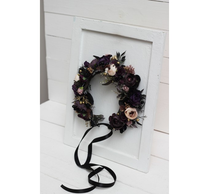 Deep purple black gold beige flower crown. Hair wreath. Flower girl crown. Wedding flowers. Halloween wedding. 5194