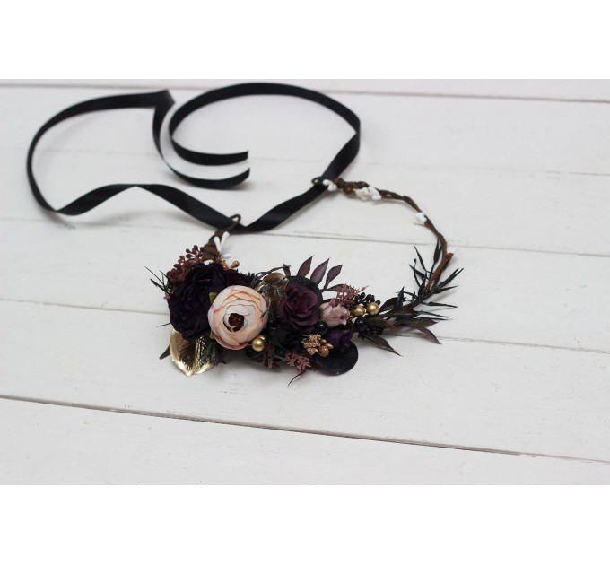 Deep purple black gold beige flower crown. Hair wreath. Flower girl crown. Wedding flowers. Halloween wedding. 5194