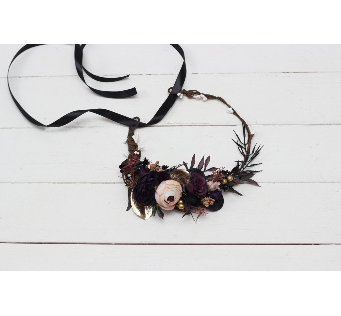 Deep purple black gold beige flower crown. Hair wreath. Flower girl crown. Wedding flowers. Halloween wedding. 5194